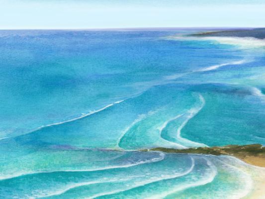 artist's rendering of a coastal ocean landscape