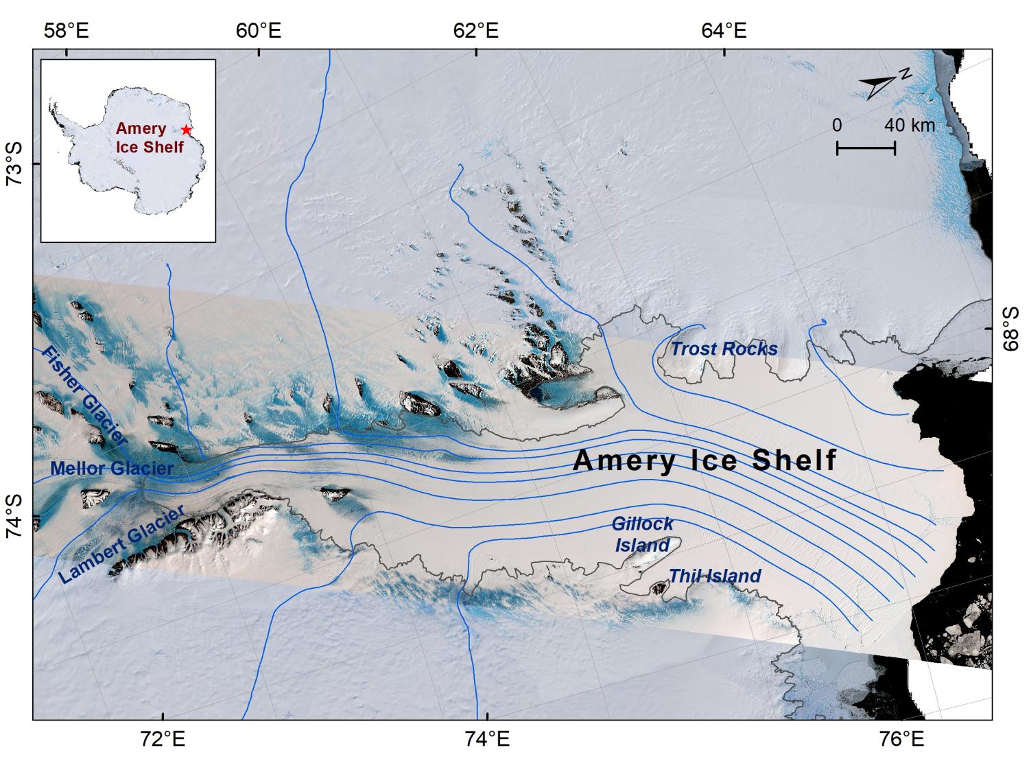 Satellite imagery of the Amery Ice Shelf in East Antarctica