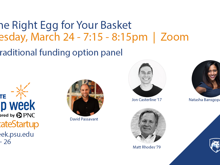 A flyer advertising Find the Right Egg for Your Basket, a Penn State Startup Week powered by PNC panel discussion