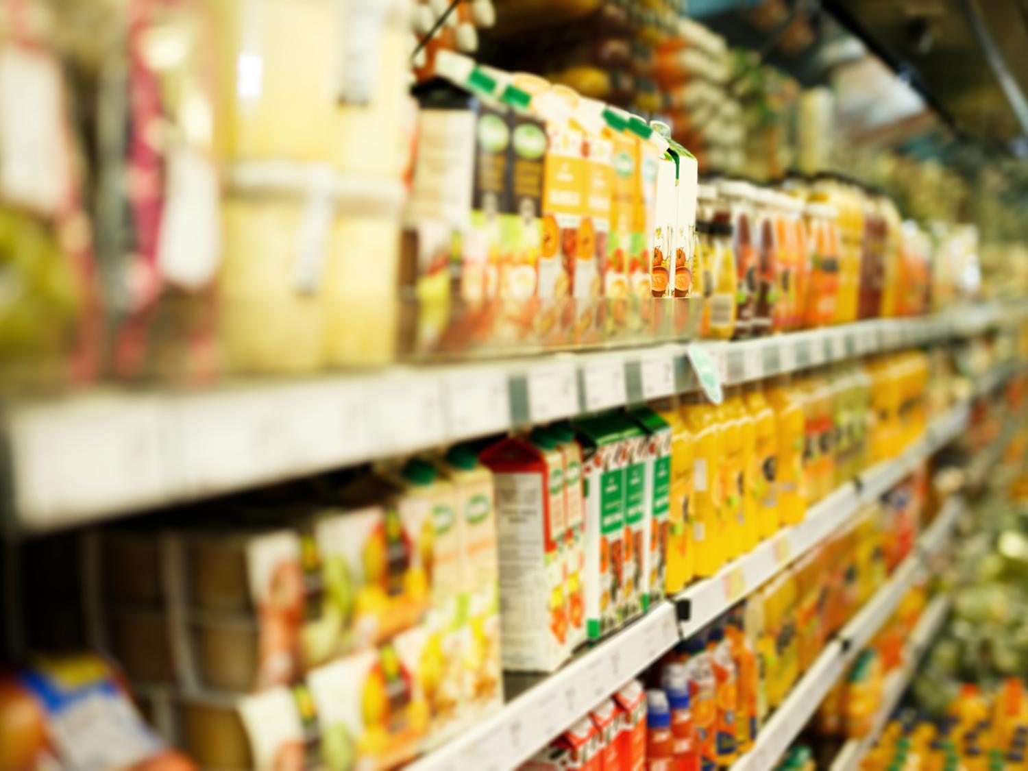 shelves lined with food with