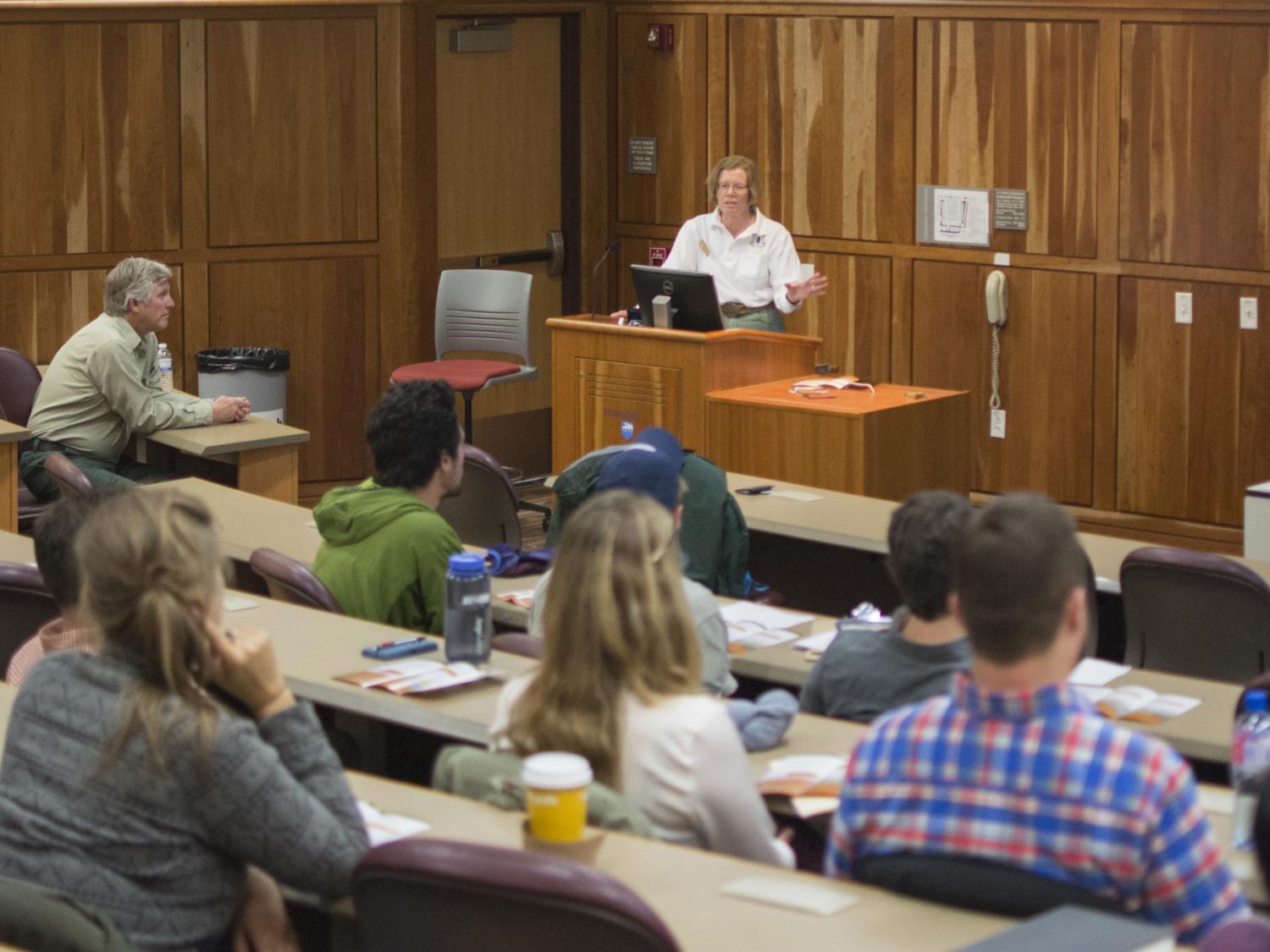 Susan Spear talking to students