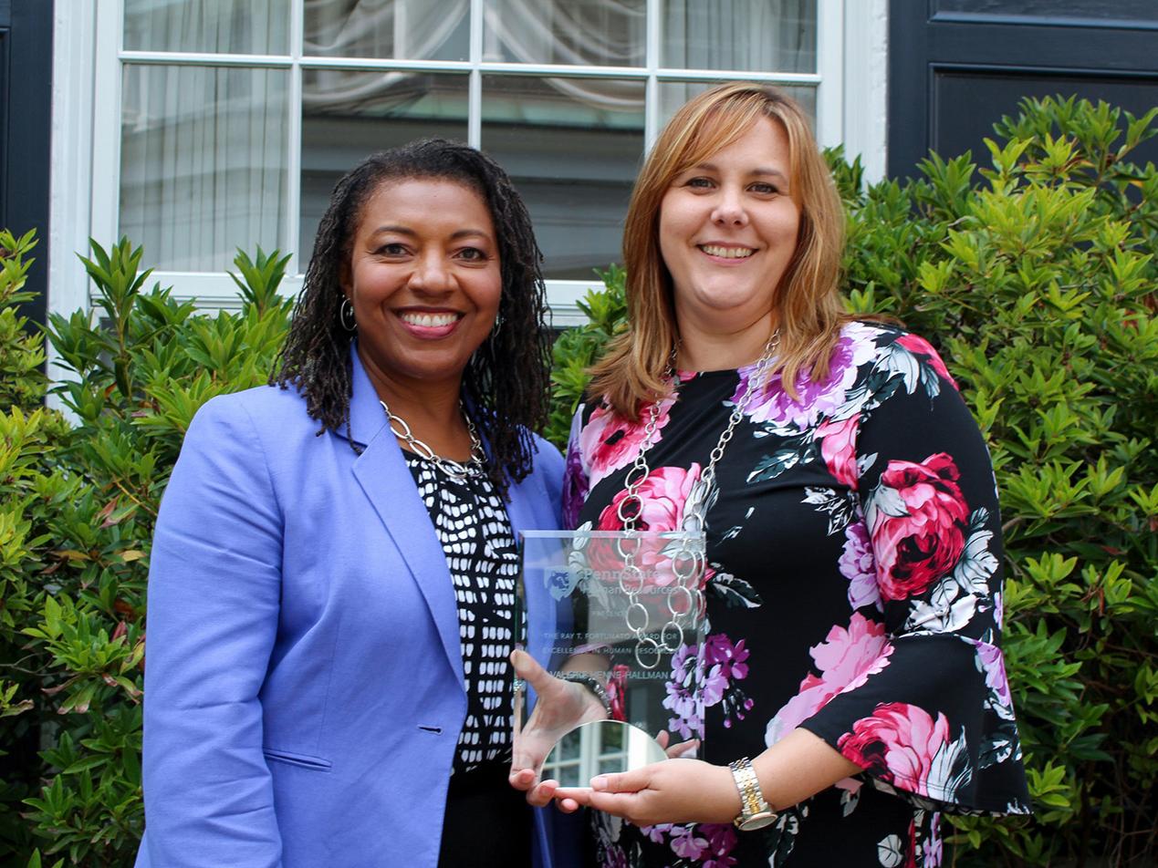 Lorraine Goffe, left, vice president for human resources and chief human resources officer at Penn State, presented Valerie Henne-Hallman with the 2019 Ray T. Fortunato Award for Excellence in Human Resources.