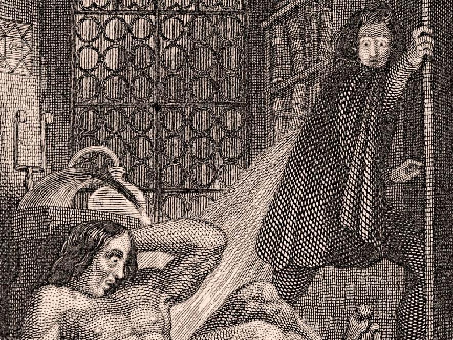 A line etching from Mary Shelley's "Frankenstein"
