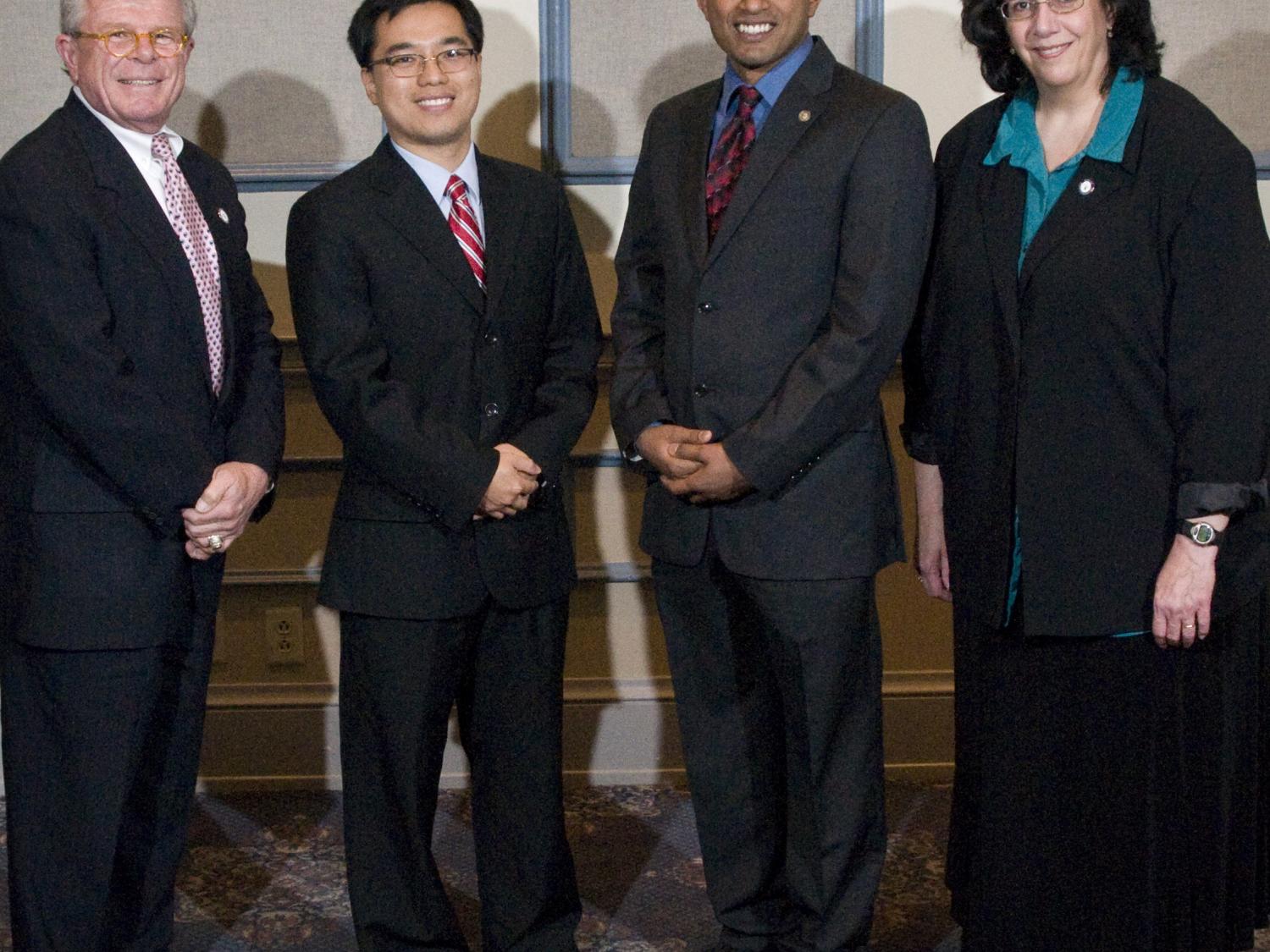Dan West, GSAS president; Yuebing Zheng; Sindura Ganapathi; and Regina Vasilatos-Younken, interim dean of the Graduate School