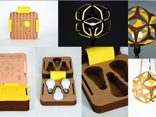 Seven views of Glo packaging made out of layers of cardboard