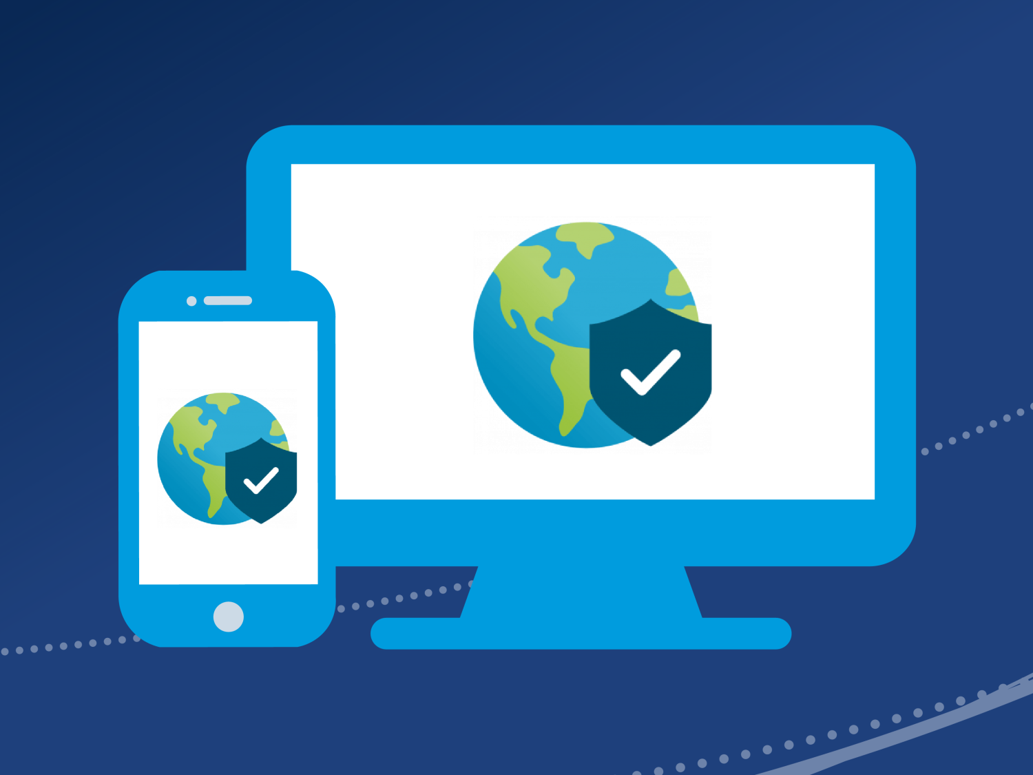 Global Protect icon graphic on cellphone and computer monitor