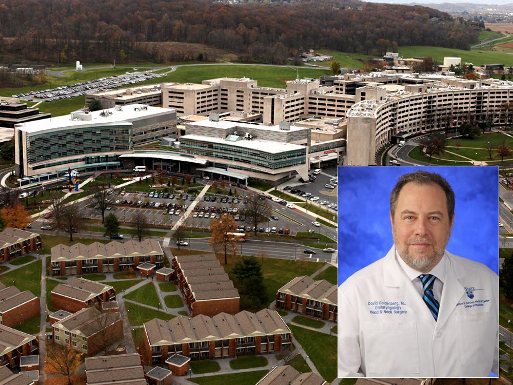 A photo of a man in a doctor's coat superimposed over a photo of a health system campus