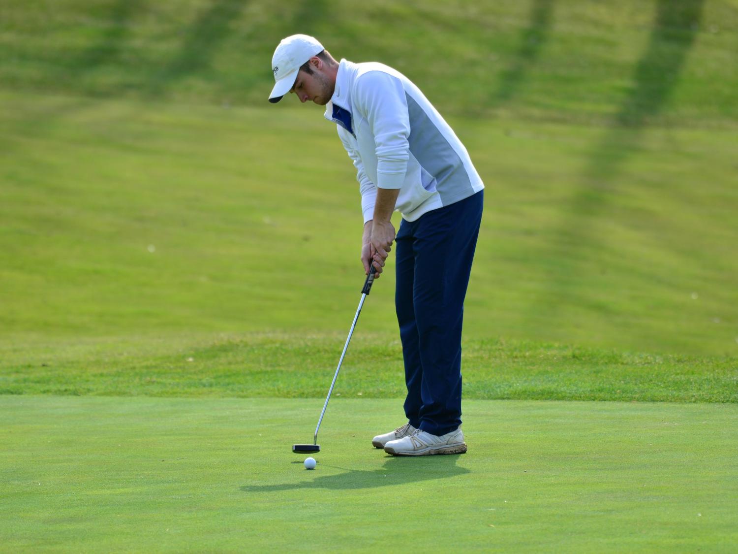 A Penn State Behrend golfer putts the ball.