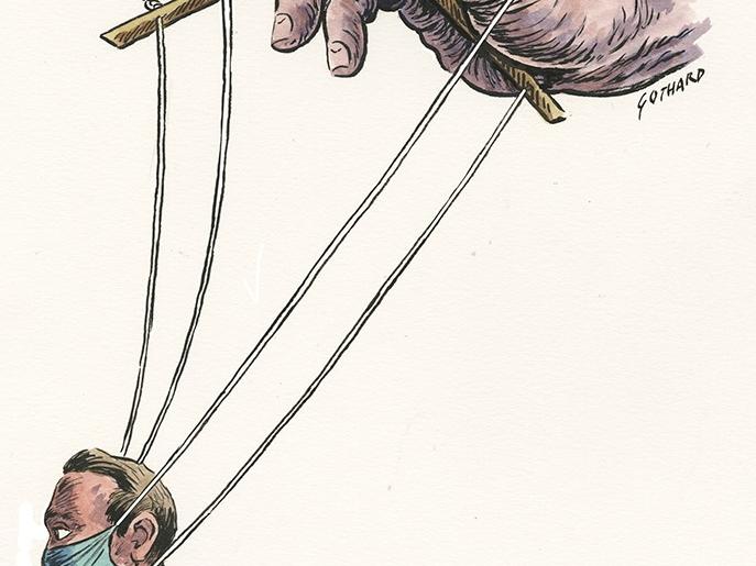 Art of a masked man on puppet strings