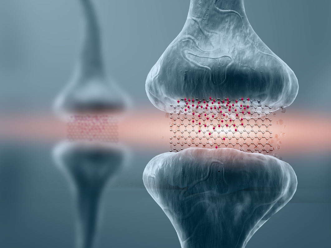 artists image of a memrister with graphene sheet in pink and information states above and below