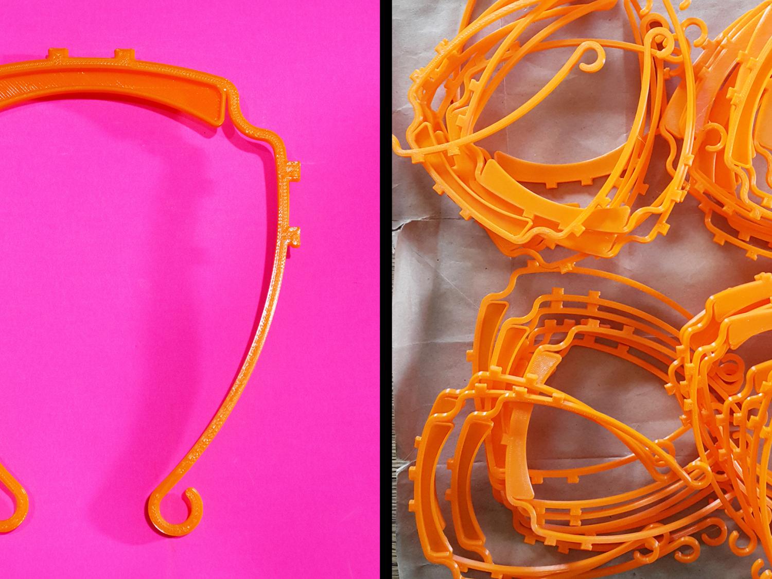 A split scree image of a 3D-printed headband being held up at left and a stack of 50 headbands at right. 
