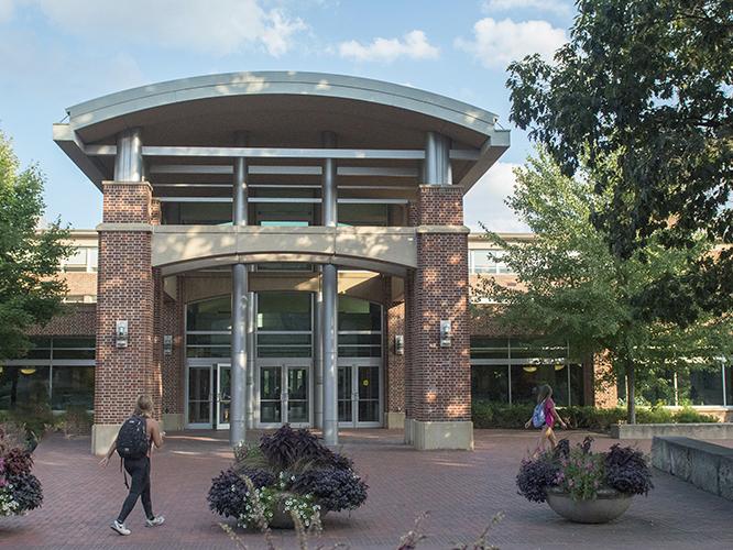 Students walk outside of the HUB-Robeson Center on Penn State's University Park campus.