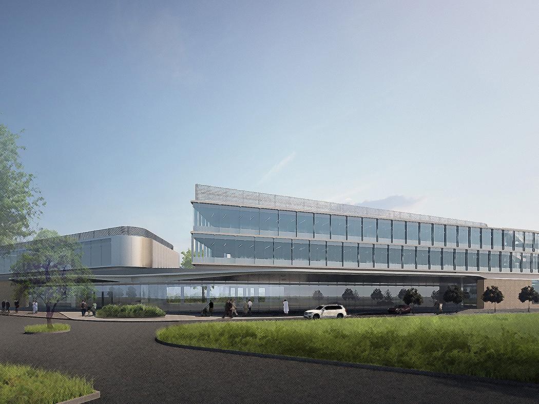 An artist's rendering shows the front of a three story hospital
