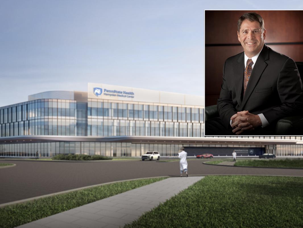 A photo of a man smiling overlays a rendering of a future hospital