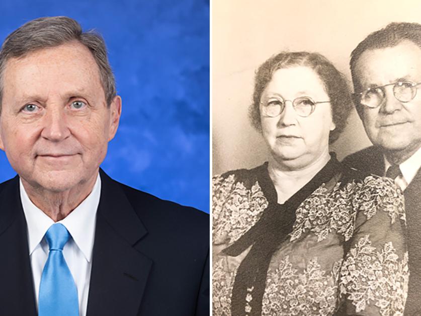 A professional headshot of Dr. Robert Harbaugh at left; a photo of his grandparents, Curvin and Ida Kinard, at right.