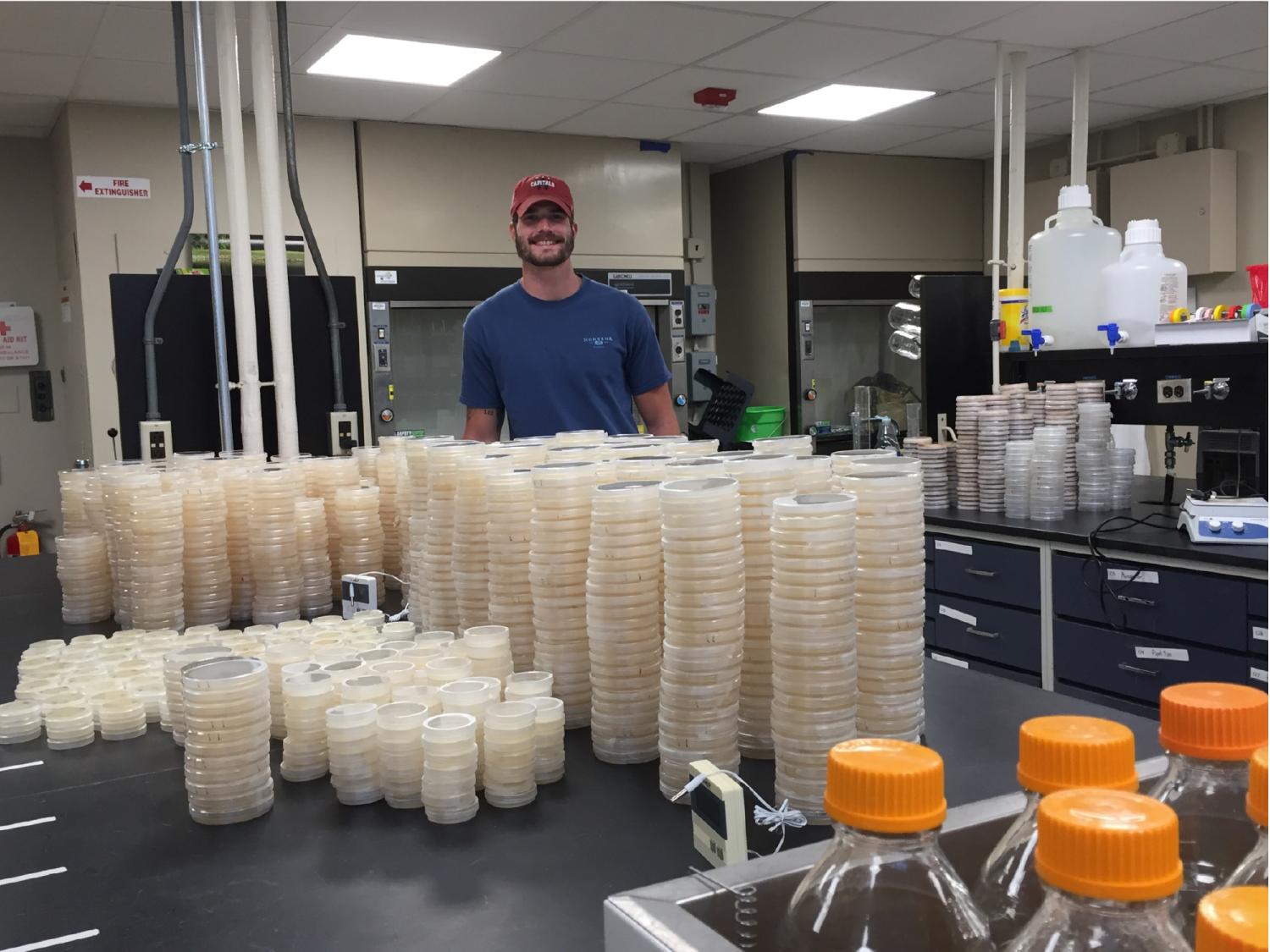 Man standing behind table filled with petri dishes
