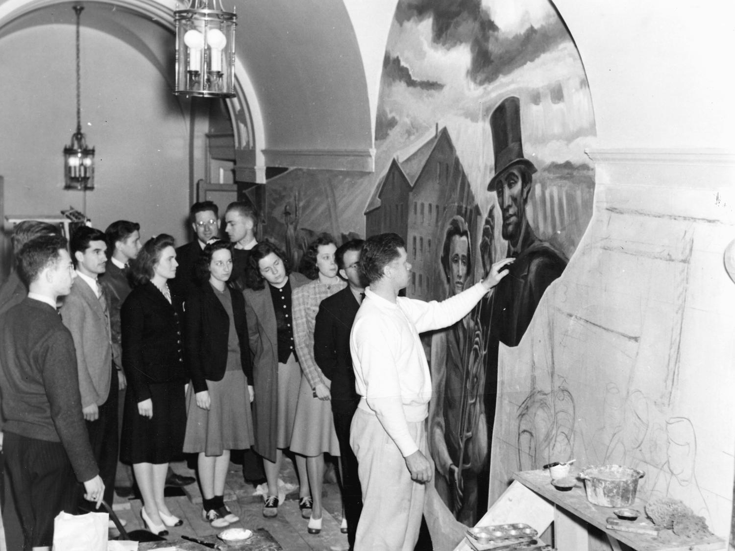 Henry Varnum Poor working on the Land-Grant Frescoes