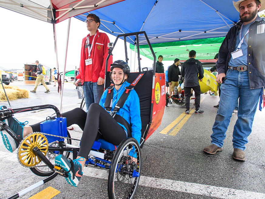 A student participates in the Human Powered Vehicle Challenge. 