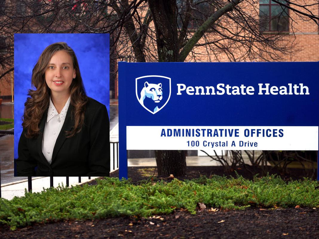 A photo of a woman smiling overlaid on a photo of the front of an administrative building