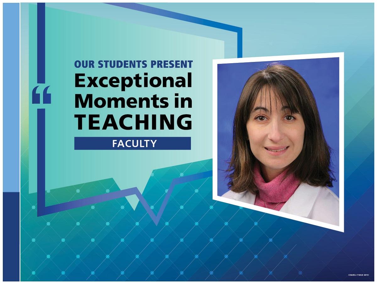 An Illustration shows Dr. Alexandra Horwitz’s mugshot on a background with the words “OUR STUDENTS PRESENT Exceptional Moments in Teaching faculty.”