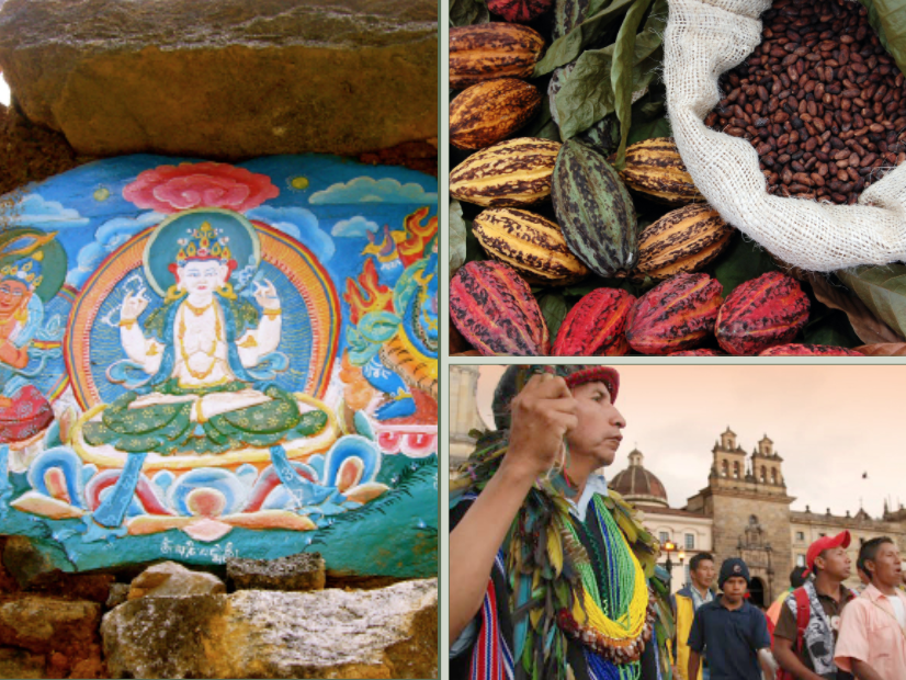 collage of three photos showing colorful painted rock of Hindu gods, cacao pods and beans, man in Latin American city wearing colorful garment near similar men in street clothes