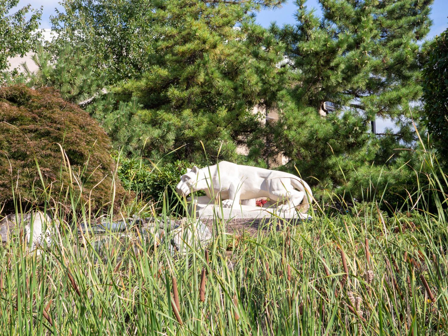 Nittany Lion statue nestled among trees, bushes, and plants