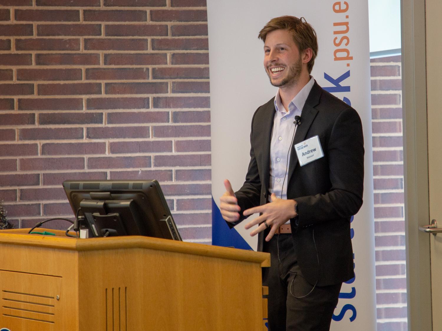 Andrew Weinert speaks to students during Penn State Startup Week in 2019
