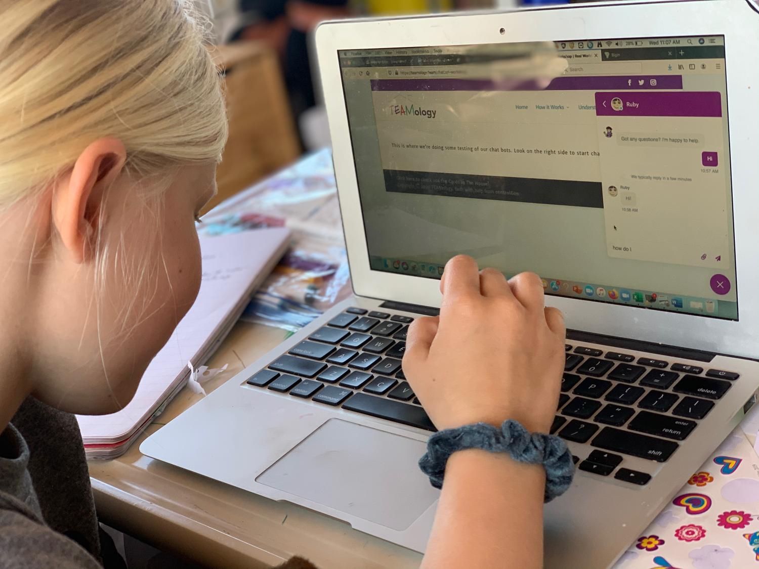 Young student uses TEAMology interface on laptop