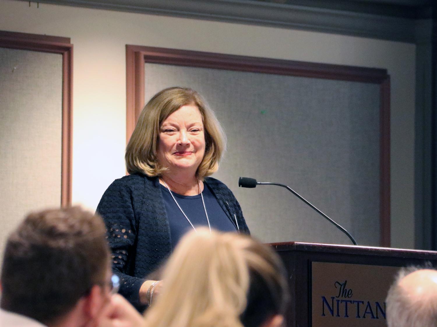 Dean Badzek address scholarship and awards luncheon attendees