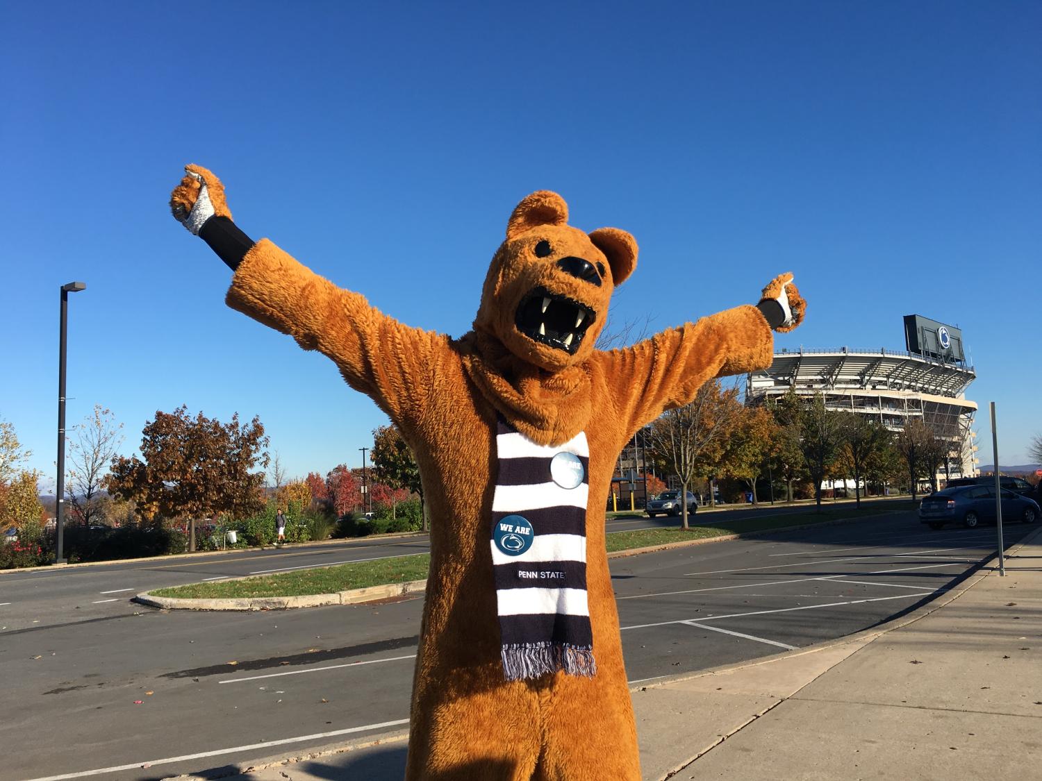 The Nittany Lion poses in front of Beaver Stadium