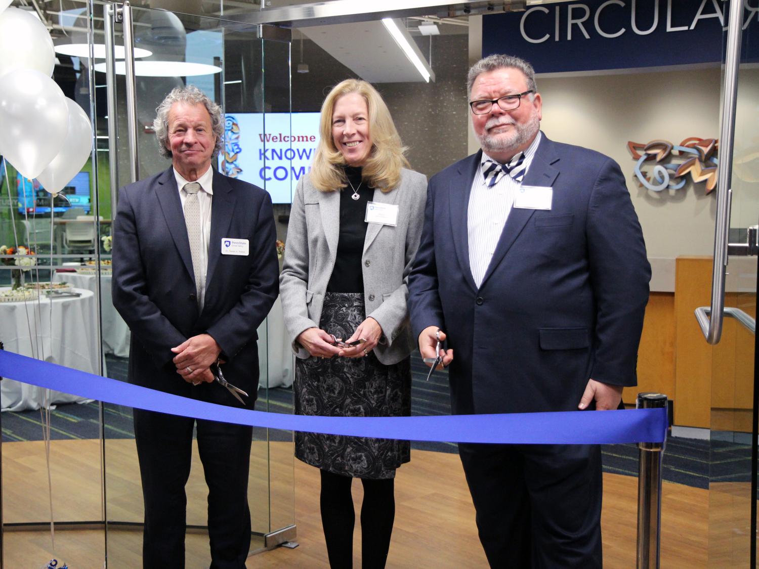 James Nemes, Mary Massung, and Joe Henry before cutting the ribbon to officially open the Knowledge Commons