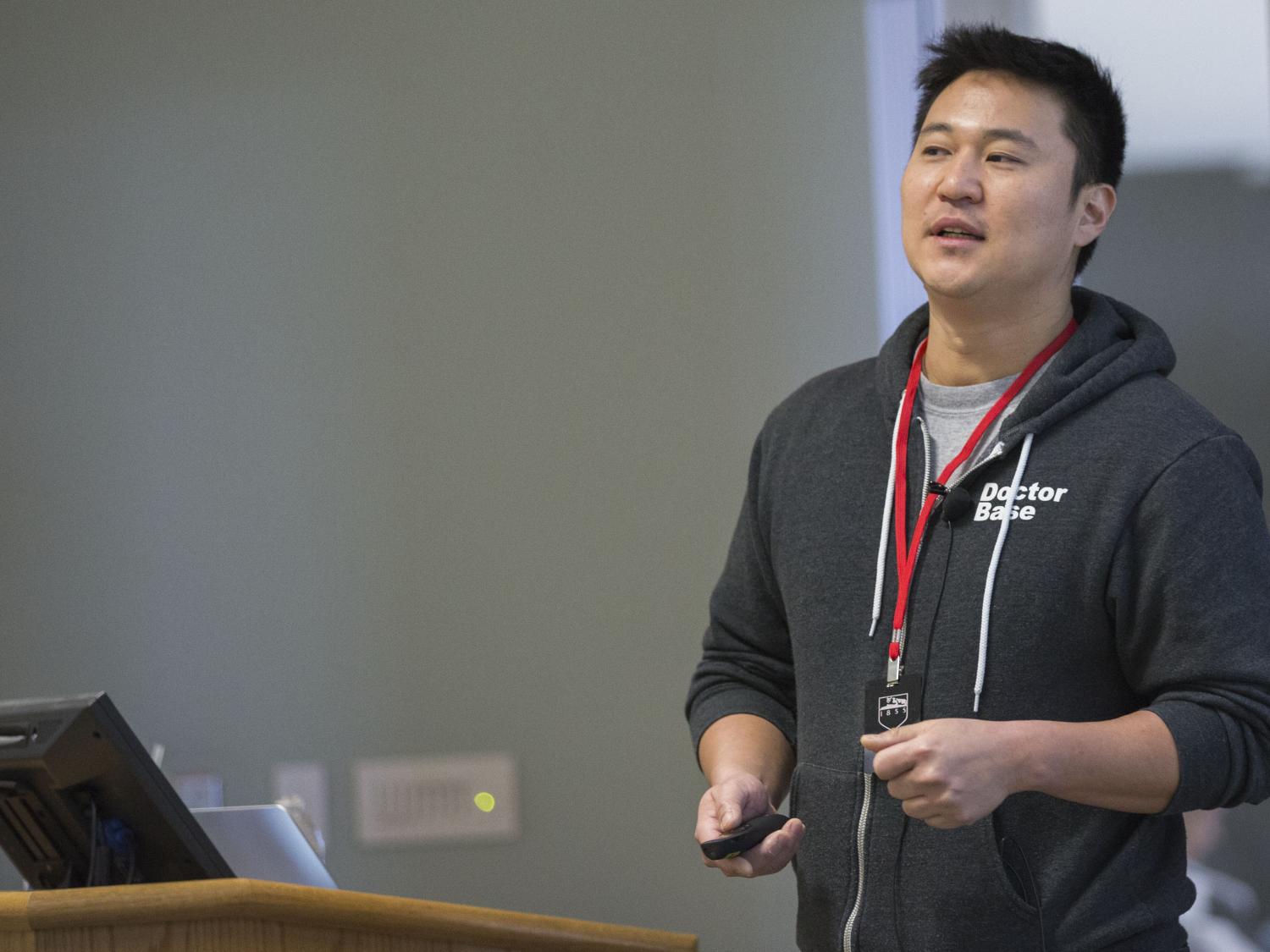 John Kim, co-founder of Five9 and CEO of DoctorBase, speaks during IST Start-up Week at University Park campus.