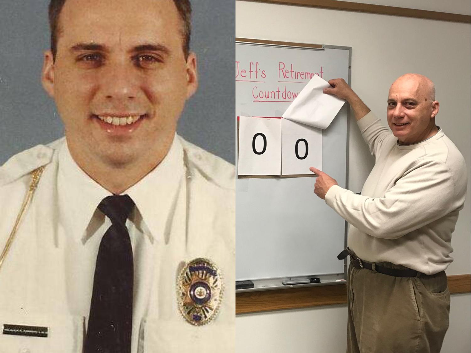 Left, Jeff Jones as a rookie officer; right, Jeff on his last day of service after 31 years with Penn State