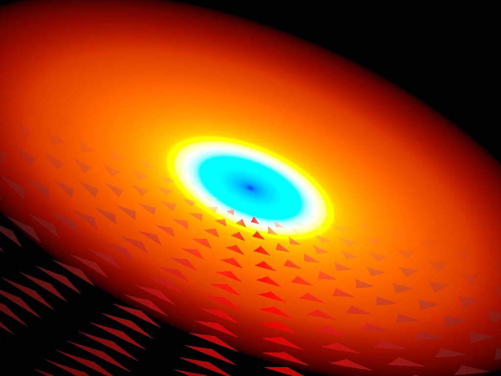 A red disk overlaid with arrows pointing inward toward a "black hole" center