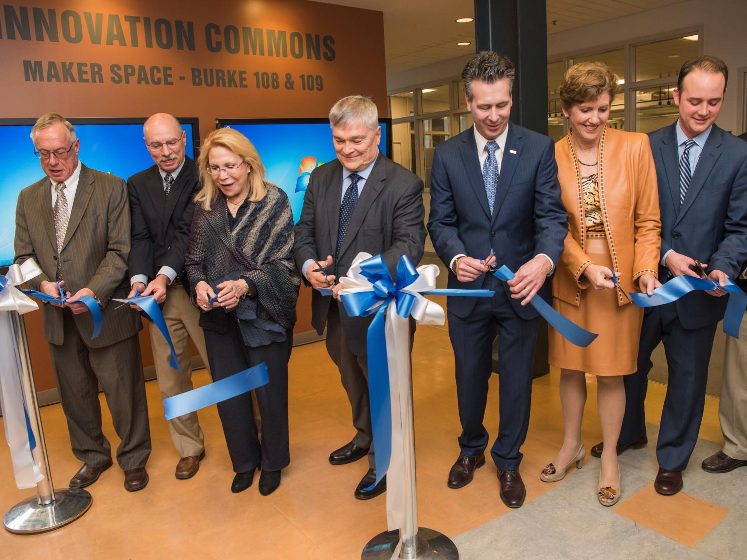 College officials and guests cut the ribbon opening Penn State Behrend's Innovation Commons lab.
