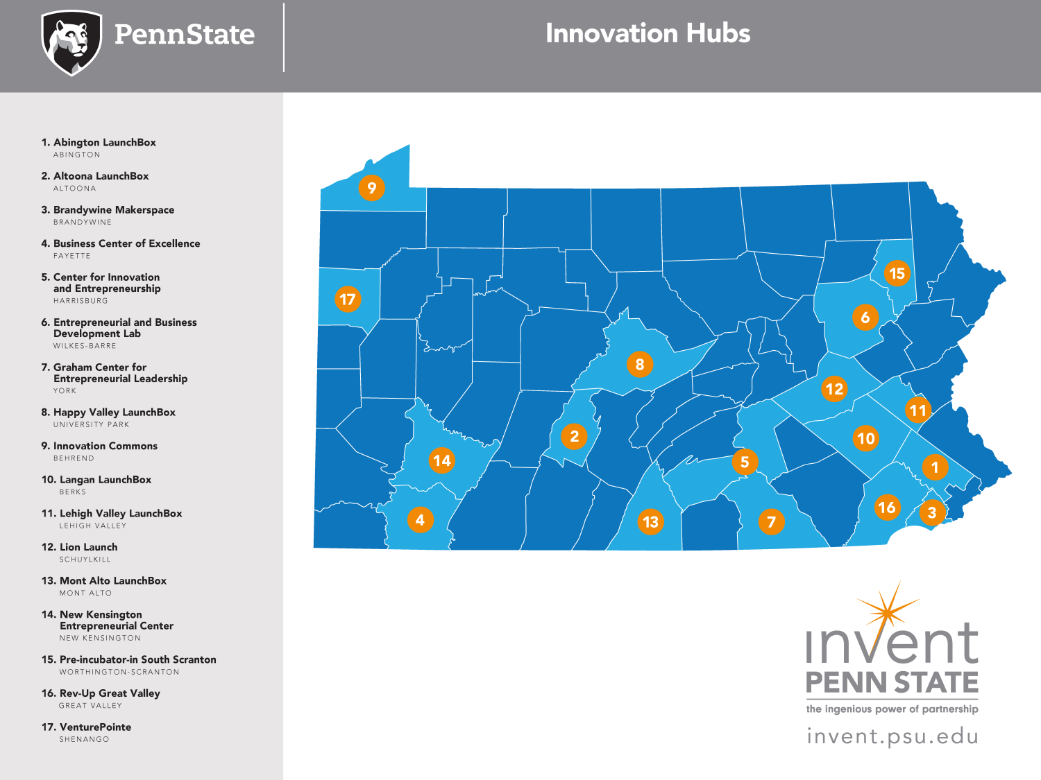 Map of 17 sites of Invent Penn State Innovation Hubs