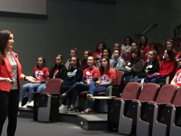 Jennifer Miller, winner of the 2018 I AM STEM competition, delivers her keynote address to attendees of the annual ENVISION: STEM Career Day for Young Women event in January 2019.