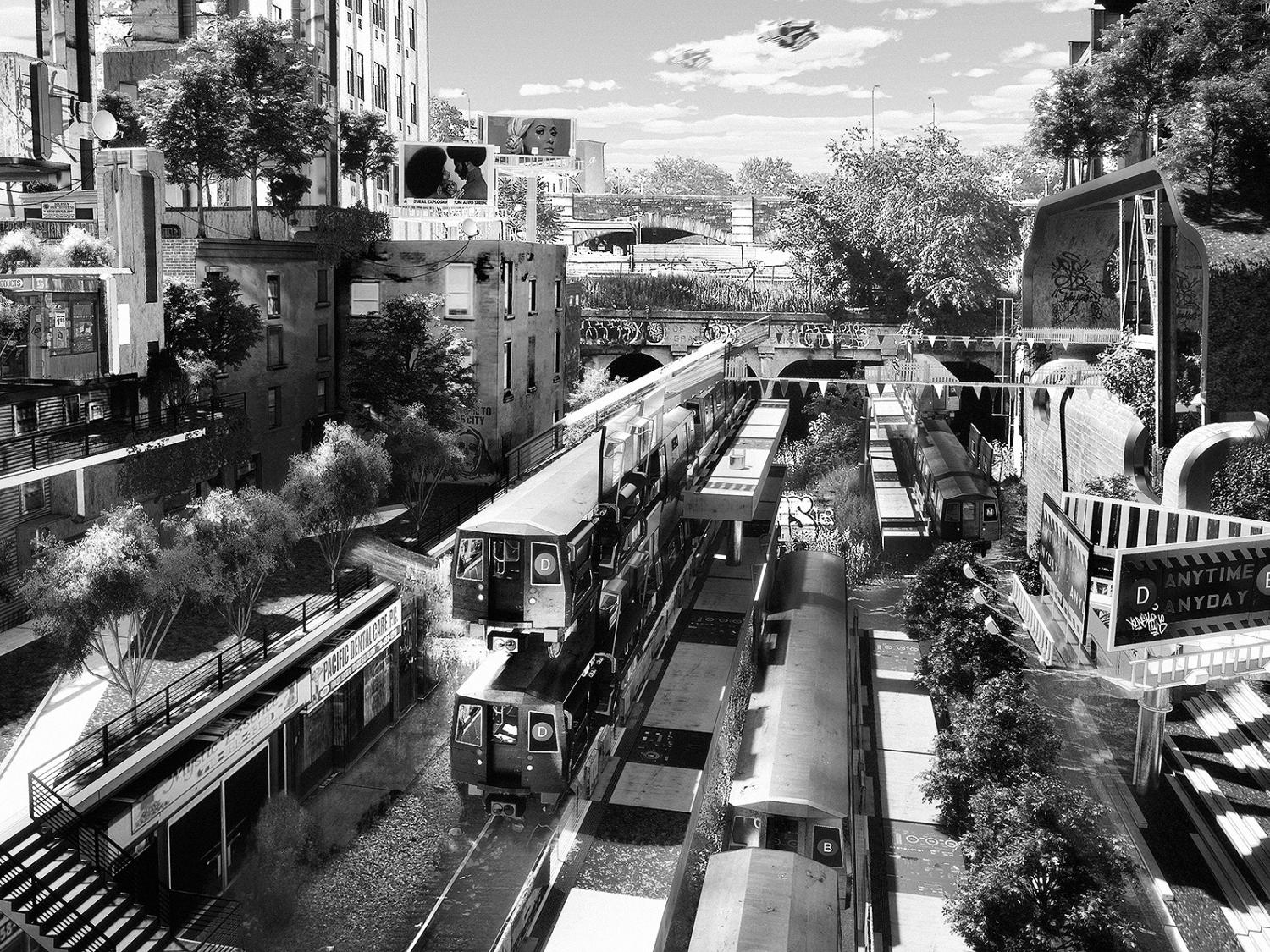 A black and white image of a historically Black neighborhood by artist Olalekan Jeyifous