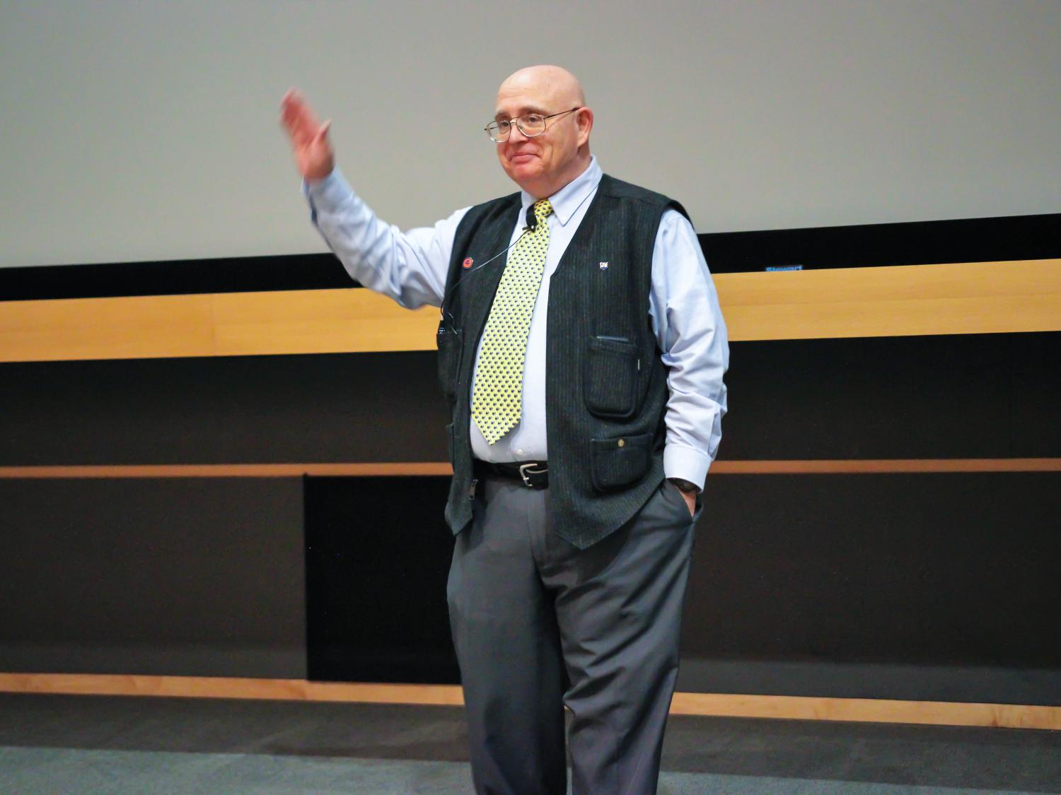 John Hill ends his last lecture at the IST building's Cybertorium on Dec. 7, 2016.