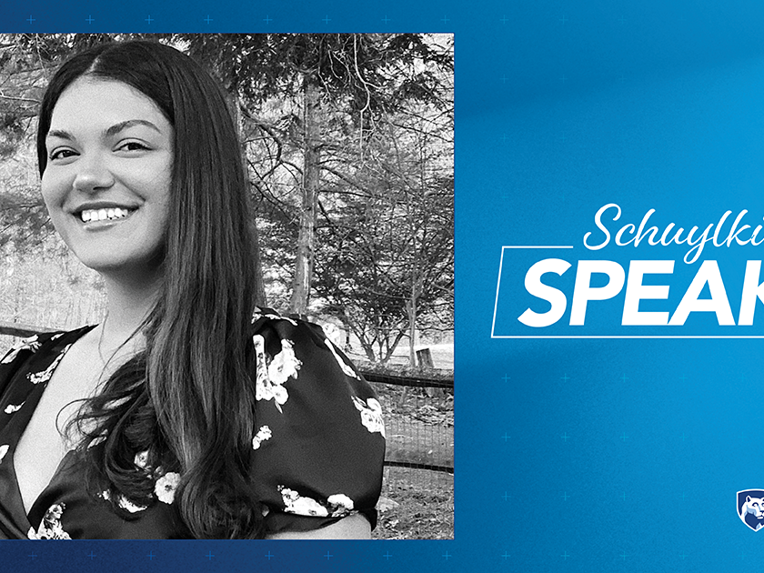 Black and white photo of Kiana Rivera on a blue background with text that reads "Schuylkill Speaks!" with Penn State Schuylkill logo