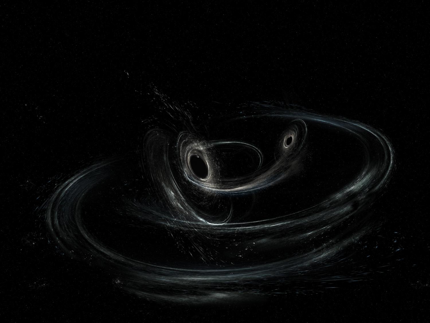 black-and-white illustration of dynamic circular movements of two black holes as the are drawn close to each other in the moments just before their climactic merger