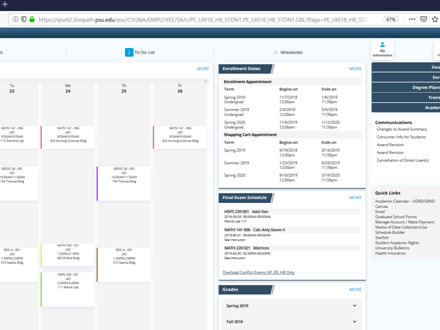 LionPATH 9.2 Student View screenshot