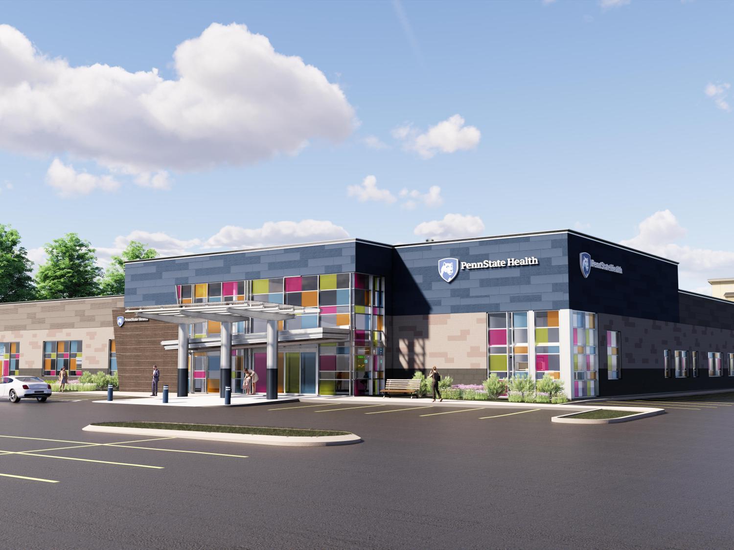 An artist’s rendering of Lancaster Pediatric Center, a one-story medical clinic building, with a parking lot in the foreground.