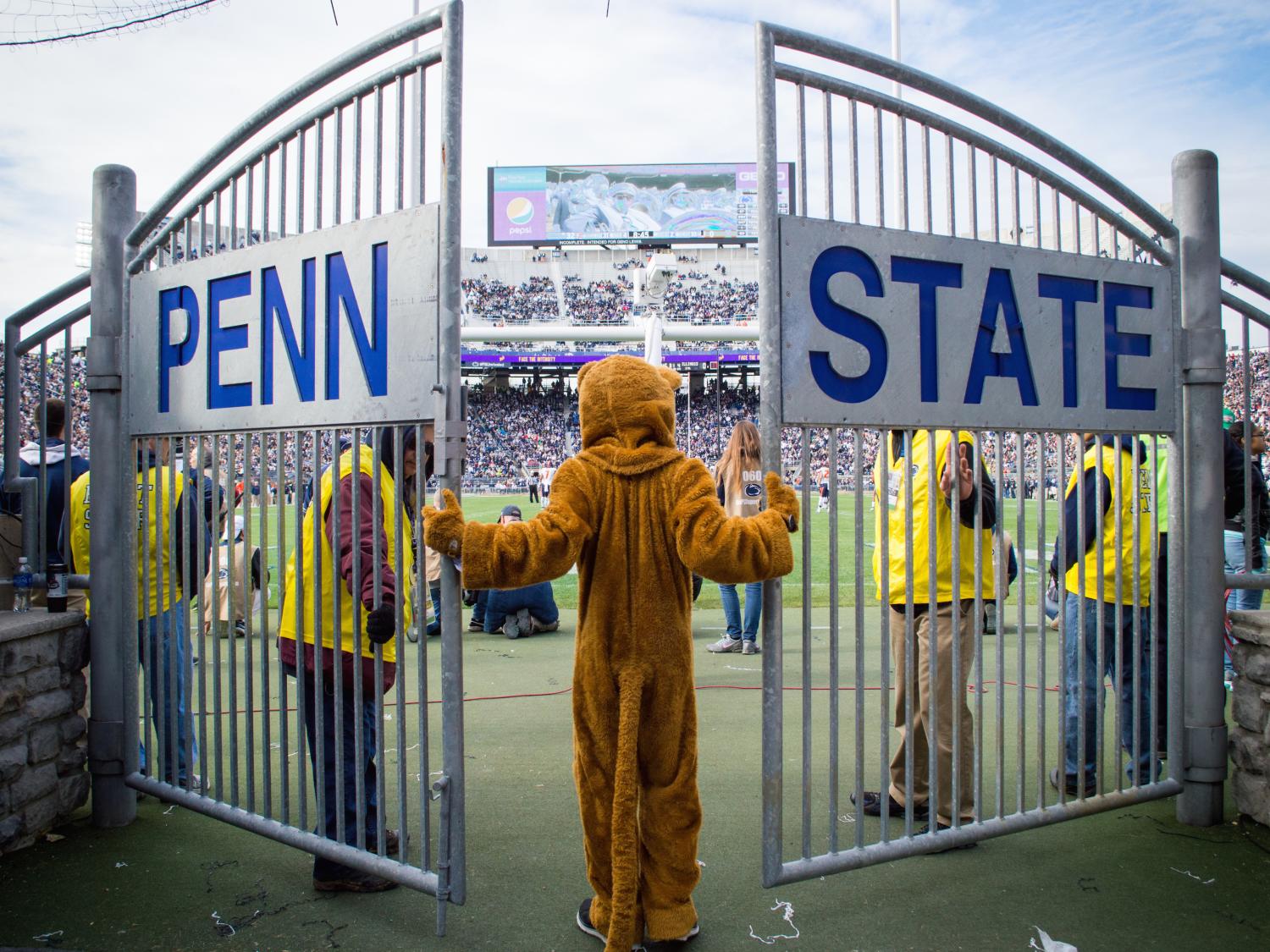 The Nittany Lion mascot prepares to enter the Penn State Football Stadium Gate