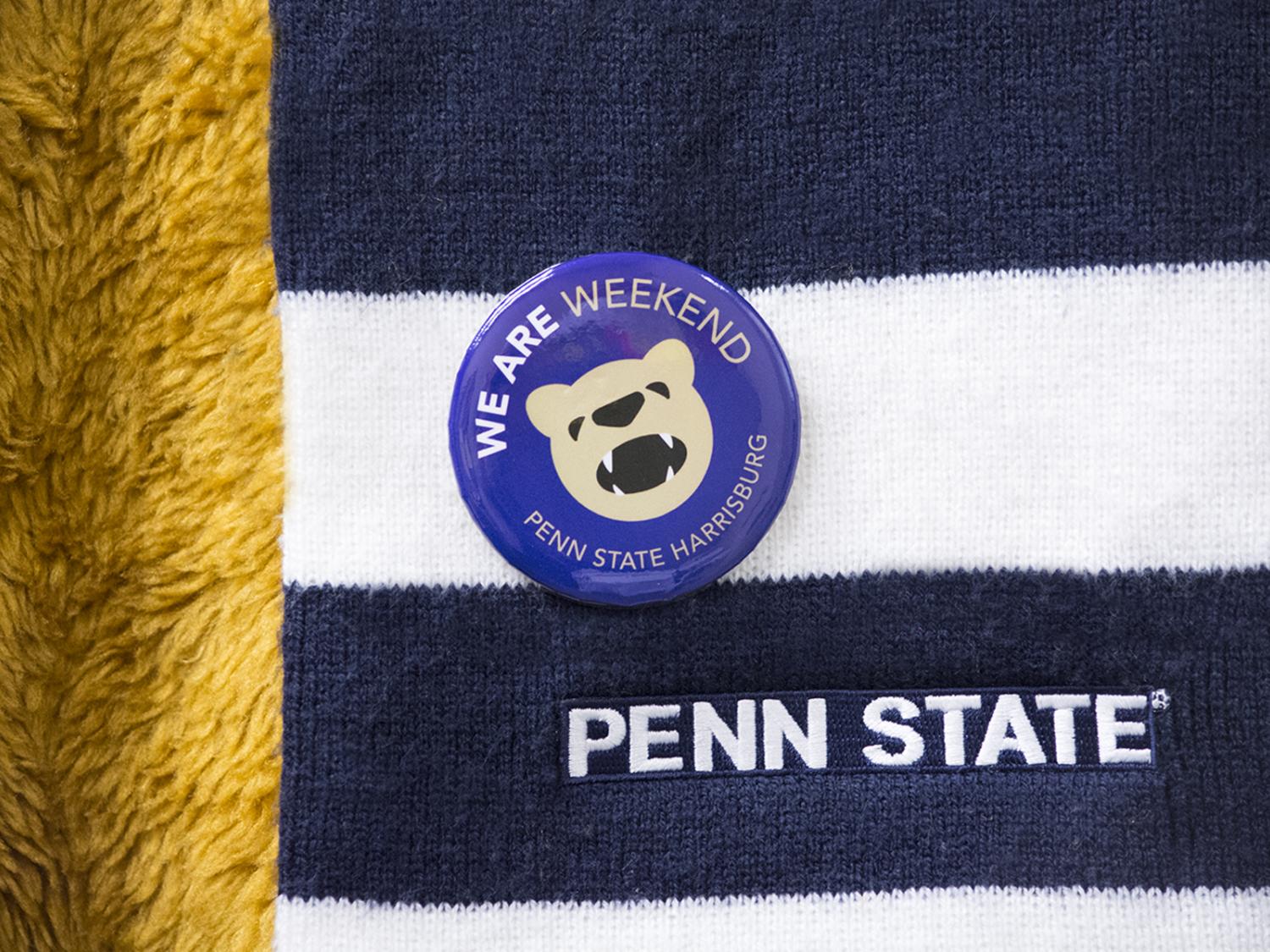 We Are Weekend Button on Penn State scarf