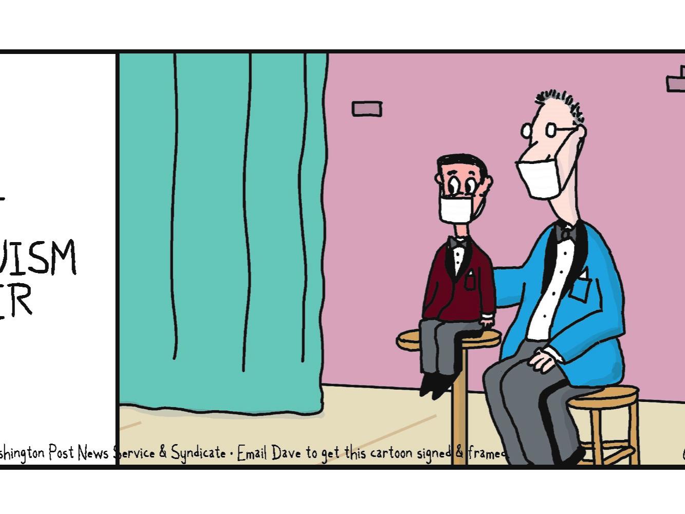 A cartoon of a ventriloquist and a mannequin wearing facemasks.