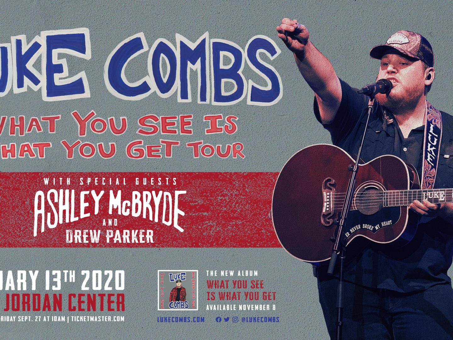 Luke Combs "What You See Is What You Get Tour" with Ashley BcBryde & Drew Parker February 13 at the Bryce Jordan Center