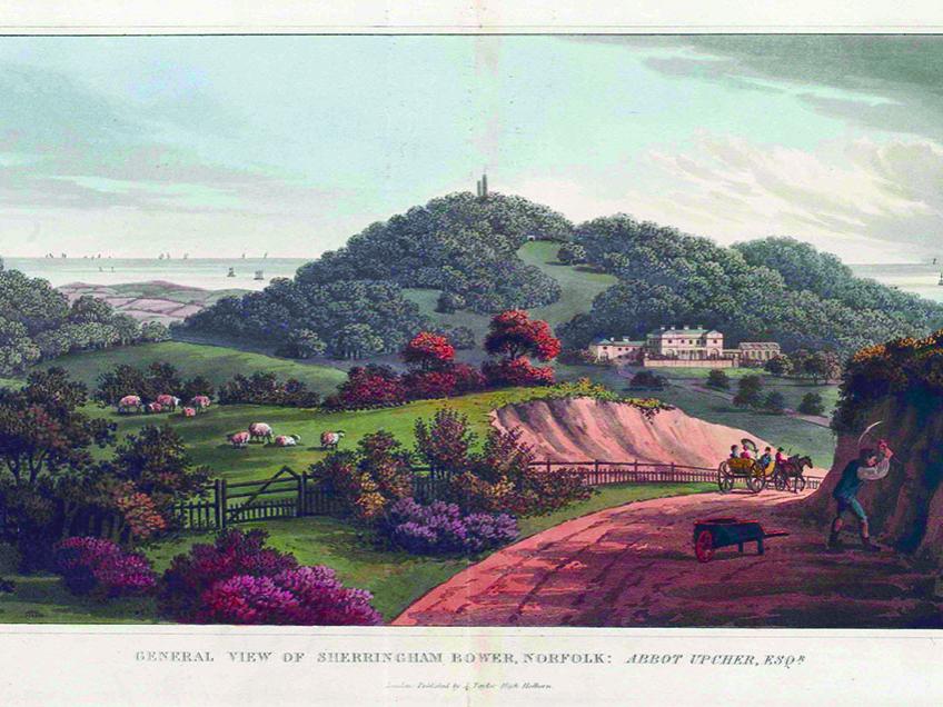 A view of an approach road in Sheringham Park, England from Repton's Red Book. 