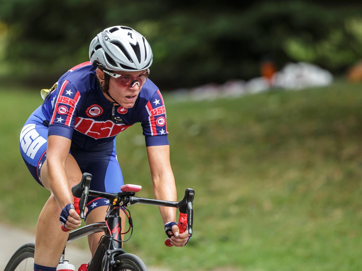 Para-cyclist Shawn Morelli riding her bike