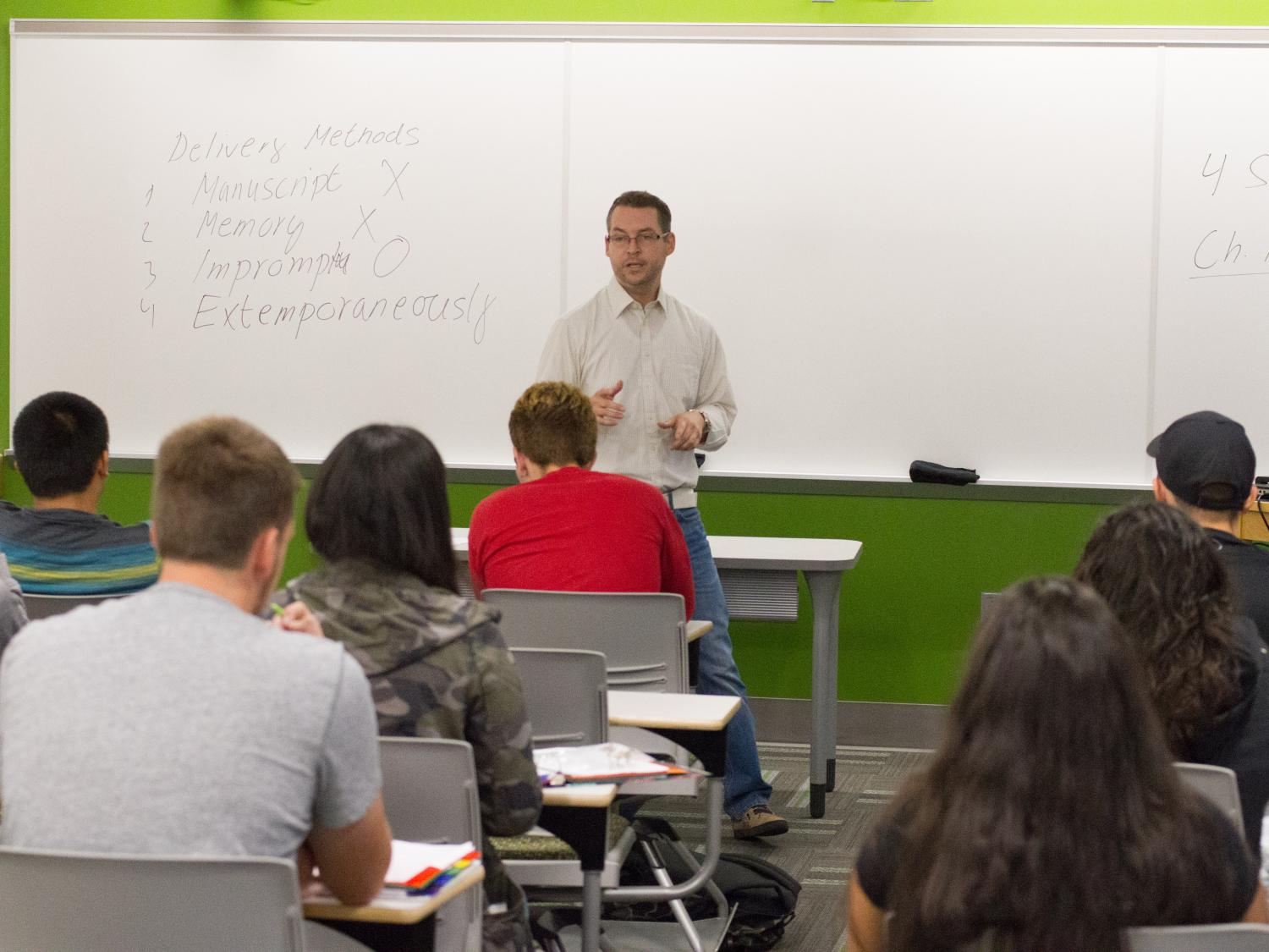 Daniel Mansson, Ph.D., associate professor of communication arts and sciences at Penn State Hazleton, teaches a class at the campus.